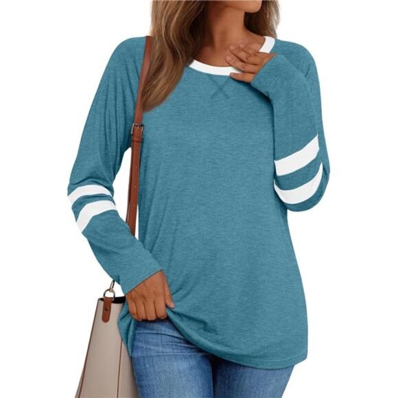 Tops - Color Block Long Sleeve Oversized Crewneck Tee